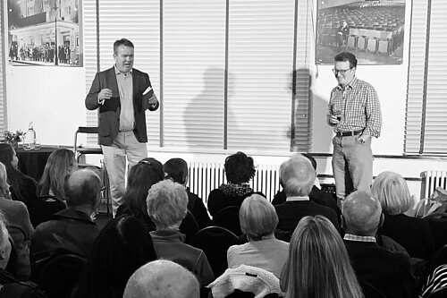 Richard Streatfeild and Tim Gordon addressing the first Sevenoaks Talks event at the Stag Theatre