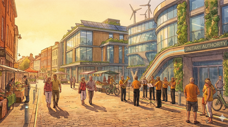 Street scene featuring an older District Council building and newer Unitary Council building