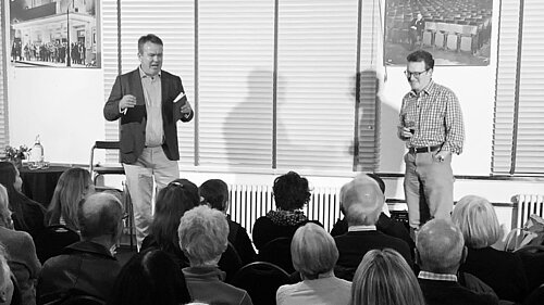 Richard Streatfeild and Tim Gordon addressing the first Sevenoaks Talks event at the Stag Theatre
