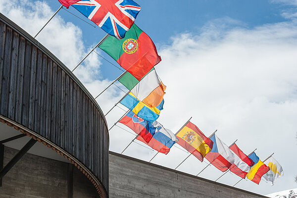 Flagpoles flying European flags.