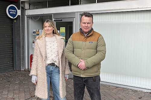 Chloe and Richard outside Citizen's Advice Swanley